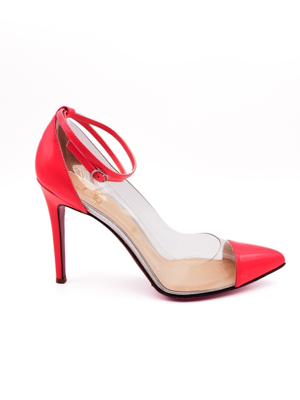 Christian Louboutin Hot Pink Neon Patent Leather PVC Ankle Strap Pumps Heels 38